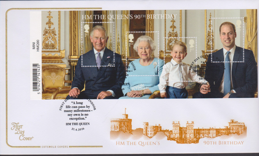 2016 - Queen's 90th Birthday, Cotswold First Day Cover, First Day of Issue Windsor Postmark